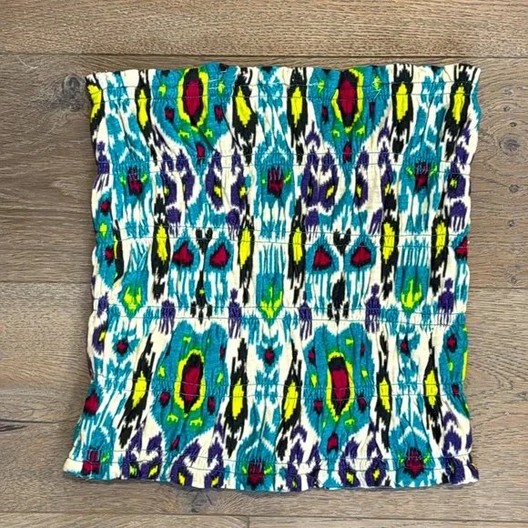 Anthropologie Women's Smocked Tube‎ Top Blue/Green Ikat Print Strapless Tank-S - Picture 4 of 9